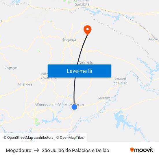 Mogadouro to São Julião de Palácios e Deilão map