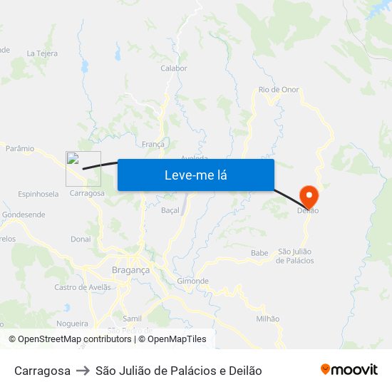 Carragosa to São Julião de Palácios e Deilão map