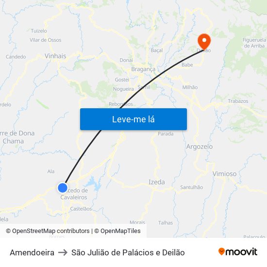 Amendoeira to São Julião de Palácios e Deilão map