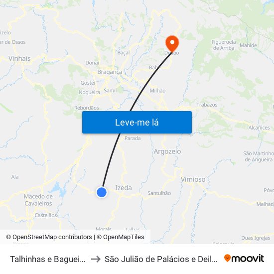 Talhinhas e Bagueixe to São Julião de Palácios e Deilão map