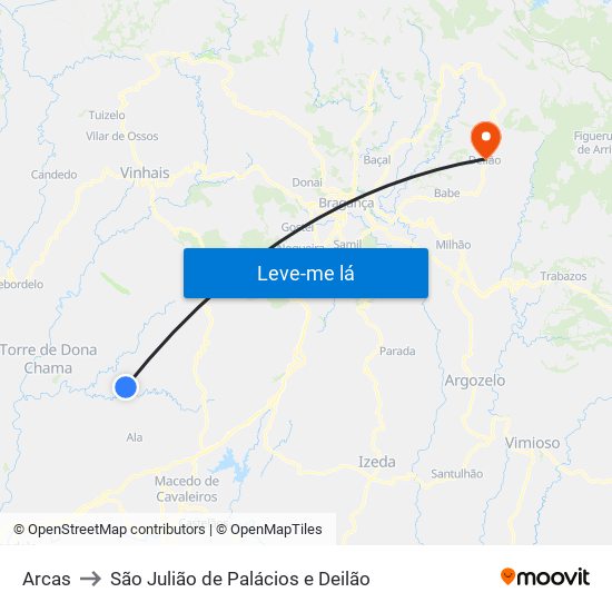 Arcas to São Julião de Palácios e Deilão map
