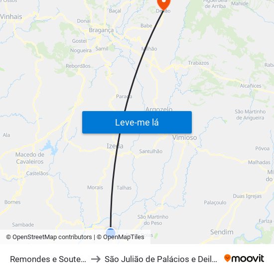 Remondes e Soutelo to São Julião de Palácios e Deilão map