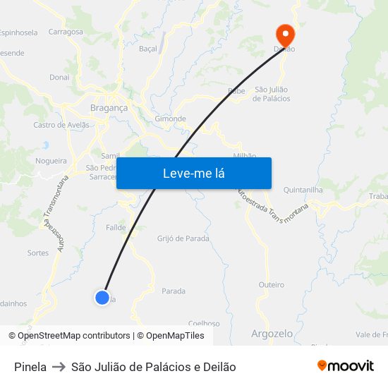 Pinela to São Julião de Palácios e Deilão map