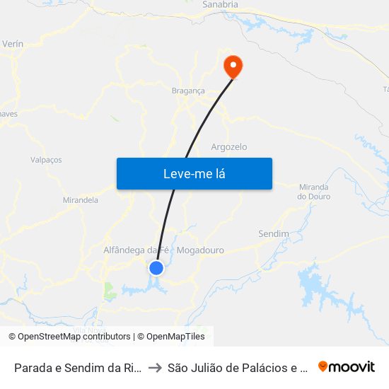 Parada e Sendim da Ribeira to São Julião de Palácios e Deilão map