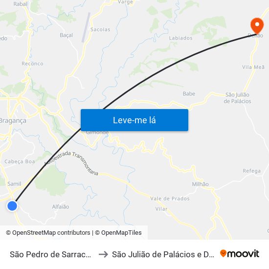 São Pedro de Sarracenos to São Julião de Palácios e Deilão map