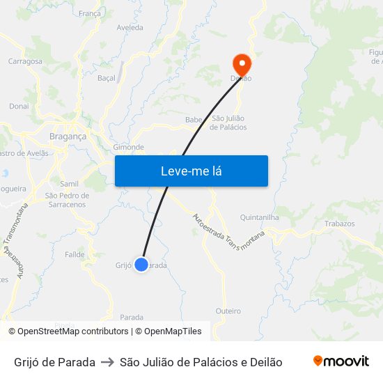 Grijó de Parada to São Julião de Palácios e Deilão map