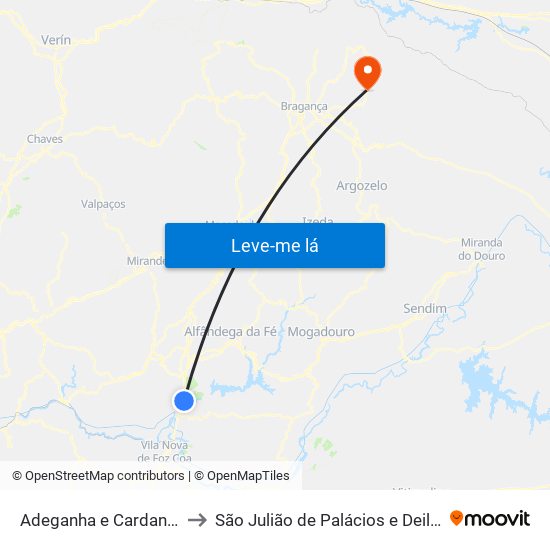 Adeganha e Cardanha to São Julião de Palácios e Deilão map