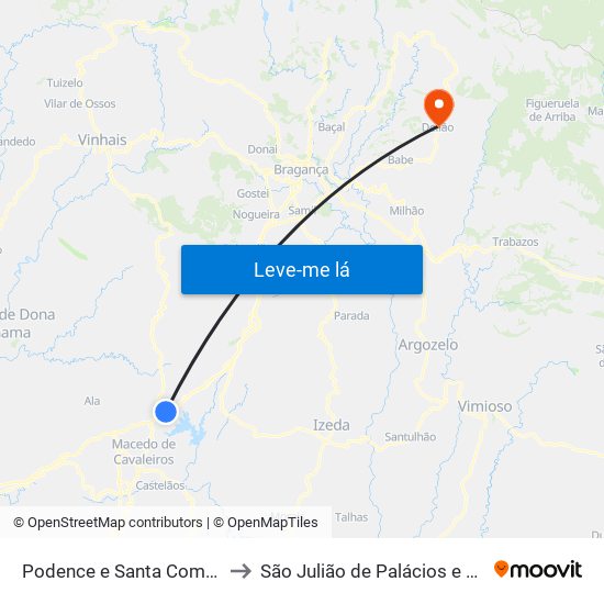 Podence e Santa Combinha to São Julião de Palácios e Deilão map