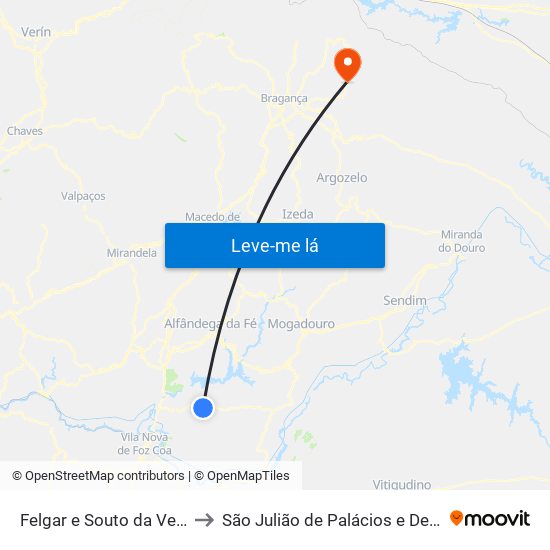 Felgar e Souto da Velha to São Julião de Palácios e Deilão map