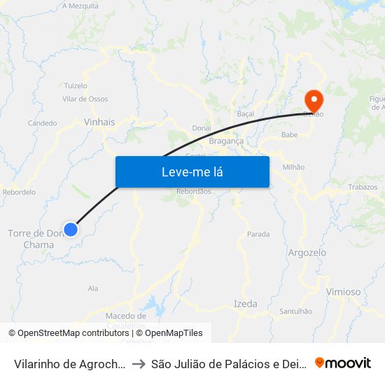 Vilarinho de Agrochão to São Julião de Palácios e Deilão map