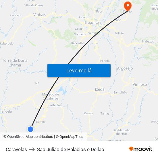 Caravelas to São Julião de Palácios e Deilão map