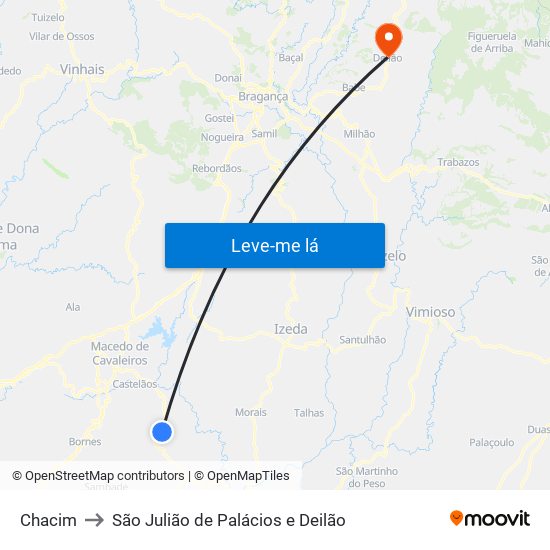 Chacim to São Julião de Palácios e Deilão map