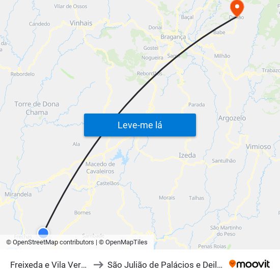 Freixeda e Vila Verde to São Julião de Palácios e Deilão map
