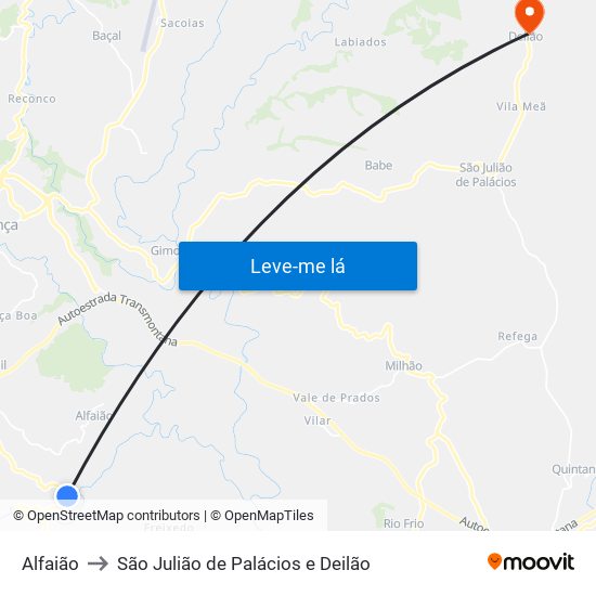 Alfaião to São Julião de Palácios e Deilão map