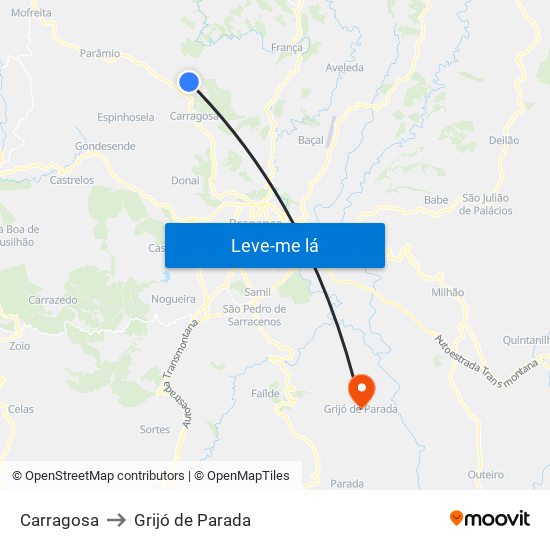 Carragosa to Grijó de Parada map