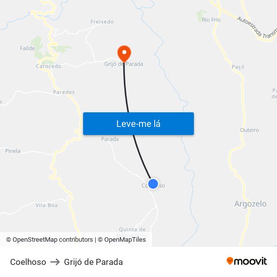 Coelhoso to Grijó de Parada map