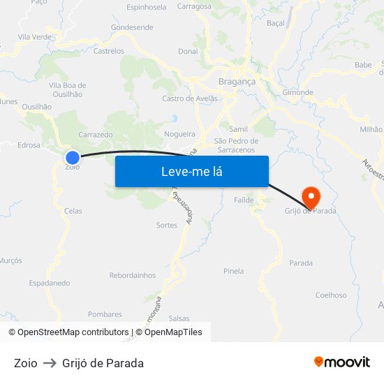 Zoio to Grijó de Parada map