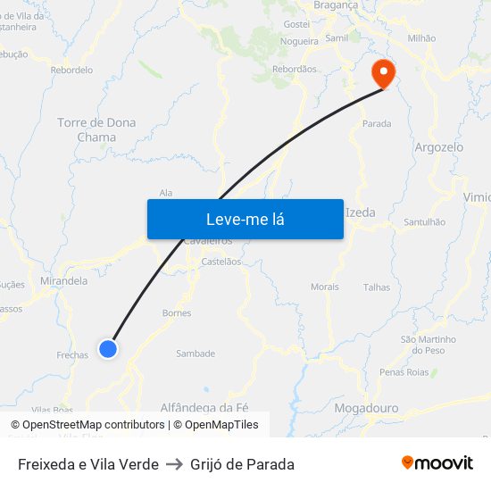 Freixeda e Vila Verde to Grijó de Parada map