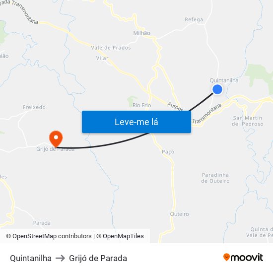 Quintanilha to Grijó de Parada map