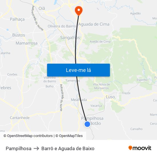 Pampilhosa to Barrô e Aguada de Baixo map