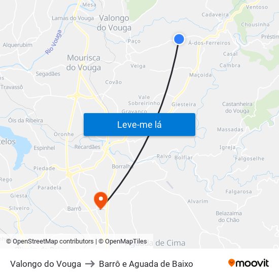 Valongo do Vouga to Barrô e Aguada de Baixo map