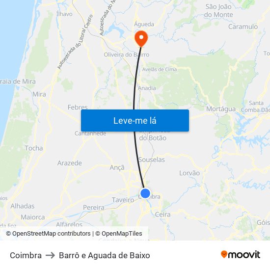 Coimbra to Barrô e Aguada de Baixo map