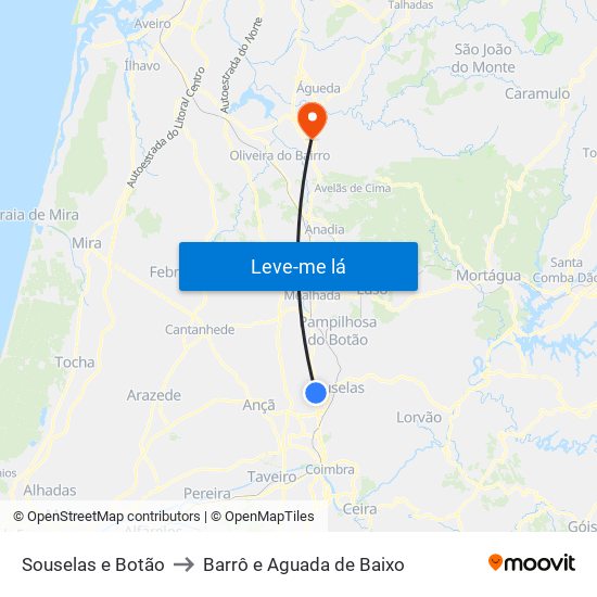 Souselas e Botão to Barrô e Aguada de Baixo map