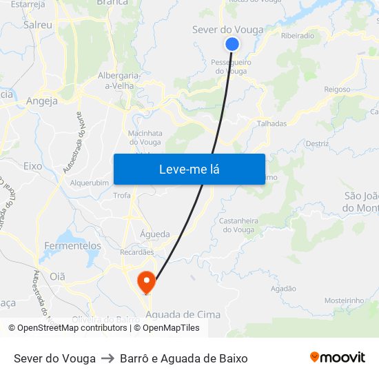 Sever do Vouga to Barrô e Aguada de Baixo map