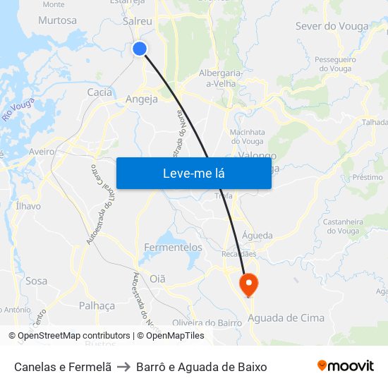 Canelas e Fermelã to Barrô e Aguada de Baixo map