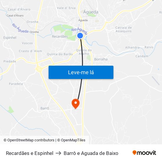 Recardães e Espinhel to Barrô e Aguada de Baixo map