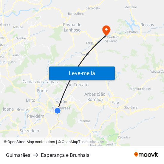 Guimarães to Esperança e Brunhais map