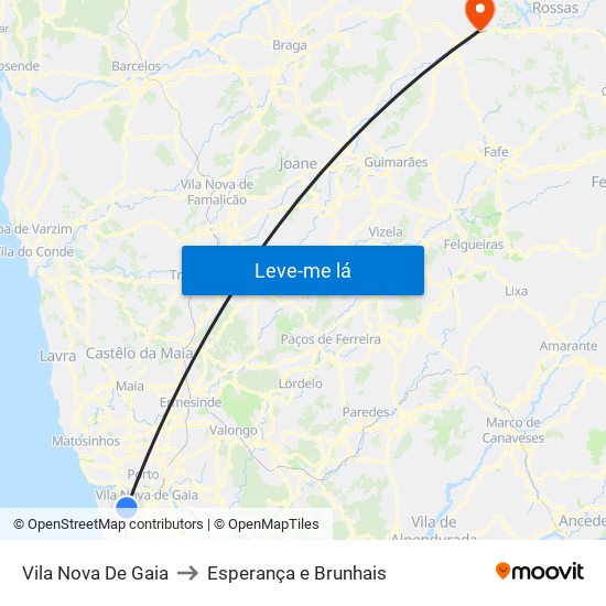 Vila Nova De Gaia to Esperança e Brunhais map