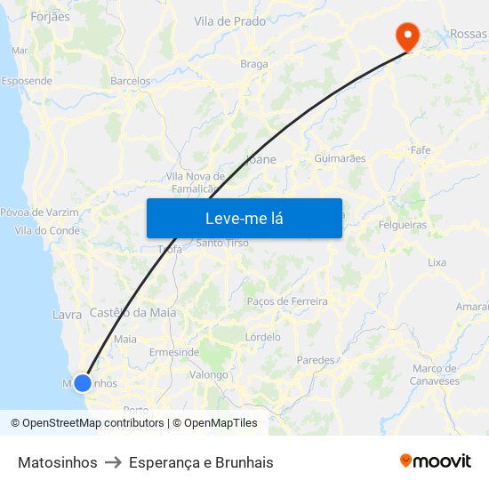 Matosinhos to Esperança e Brunhais map