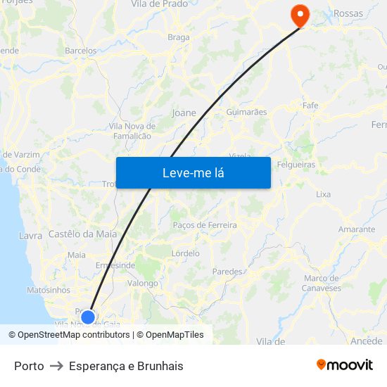 Porto to Esperança e Brunhais map