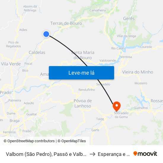 Valbom (São Pedro), Passô e Valbom (São Martinho) to Esperança e Brunhais map