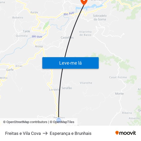 Freitas e Vila Cova to Esperança e Brunhais map