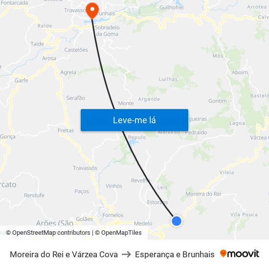 Moreira do Rei e Várzea Cova to Esperança e Brunhais map