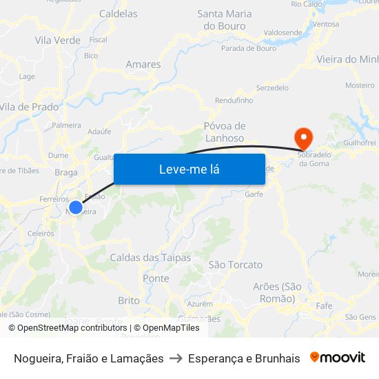 Nogueira, Fraião e Lamaçães to Esperança e Brunhais map