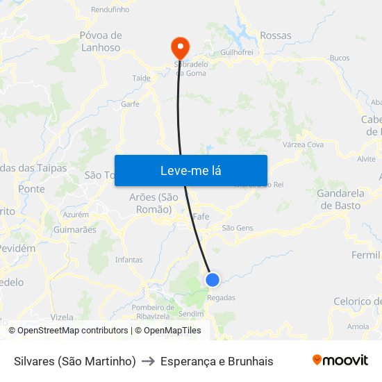 Silvares (São Martinho) to Esperança e Brunhais map