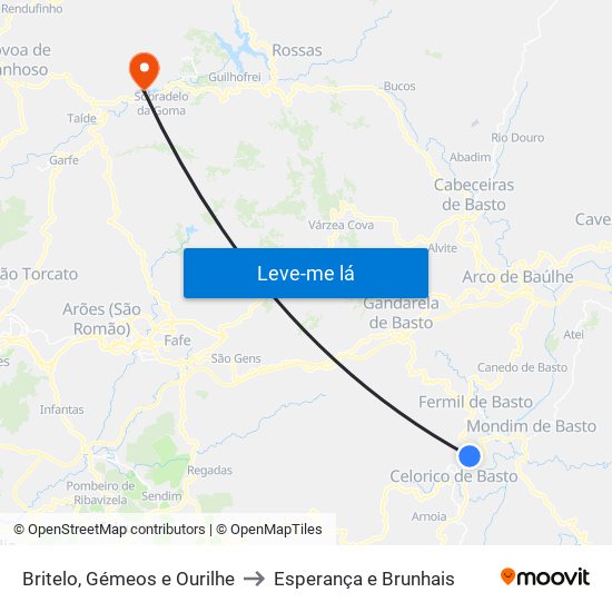 Britelo, Gémeos e Ourilhe to Esperança e Brunhais map