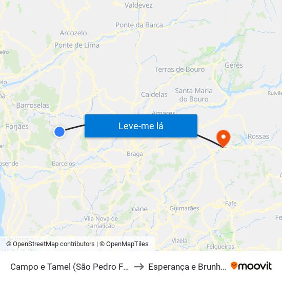 Campo e Tamel (São Pedro Fins) to Esperança e Brunhais map