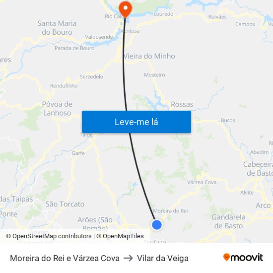 Moreira do Rei e Várzea Cova to Vilar da Veiga map