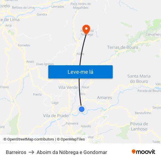 Barreiros to Aboim da Nóbrega e Gondomar map