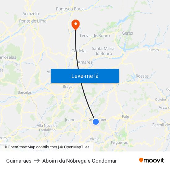 Guimarães to Aboim da Nóbrega e Gondomar map