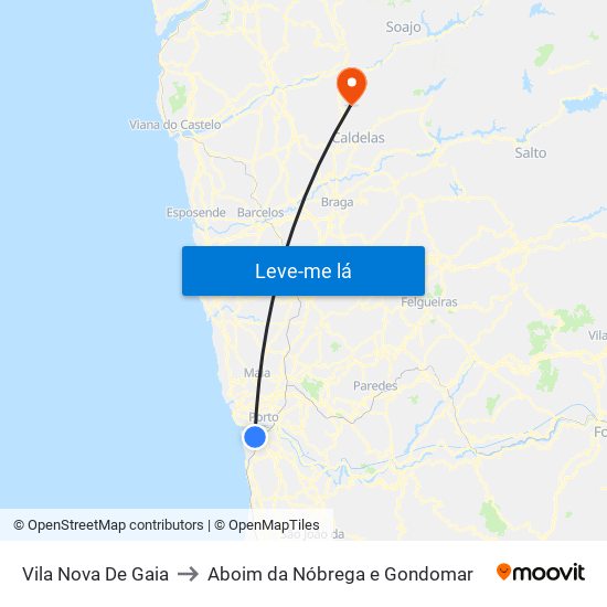 Vila Nova De Gaia to Aboim da Nóbrega e Gondomar map