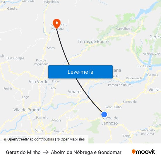 Geraz do Minho to Aboim da Nóbrega e Gondomar map