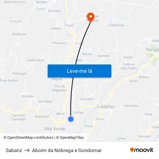 Sabariz to Aboim da Nóbrega e Gondomar map