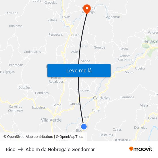 Bico to Aboim da Nóbrega e Gondomar map