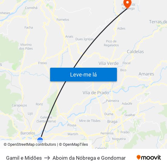 Gamil e Midões to Aboim da Nóbrega e Gondomar map