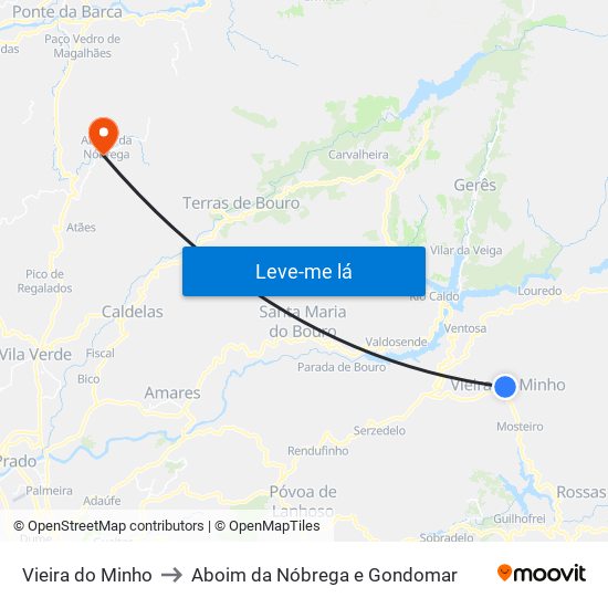 Vieira do Minho to Aboim da Nóbrega e Gondomar map